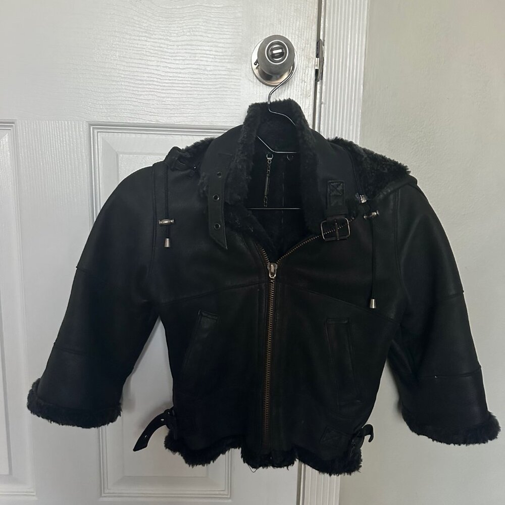Black Leather Shearling Jacket for Toddlers